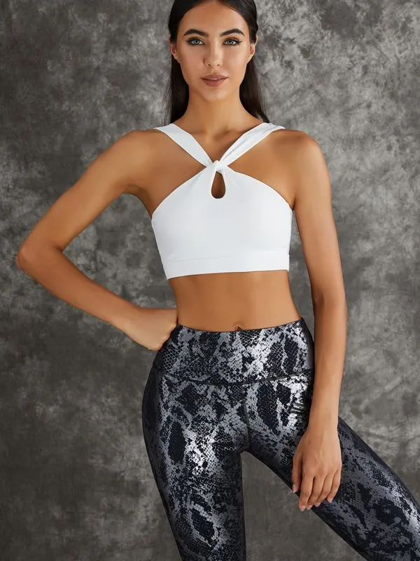 ZASUWA Female High Waist Glossy Bronzed Snakeskin Twist Hollow Out Sports Bra