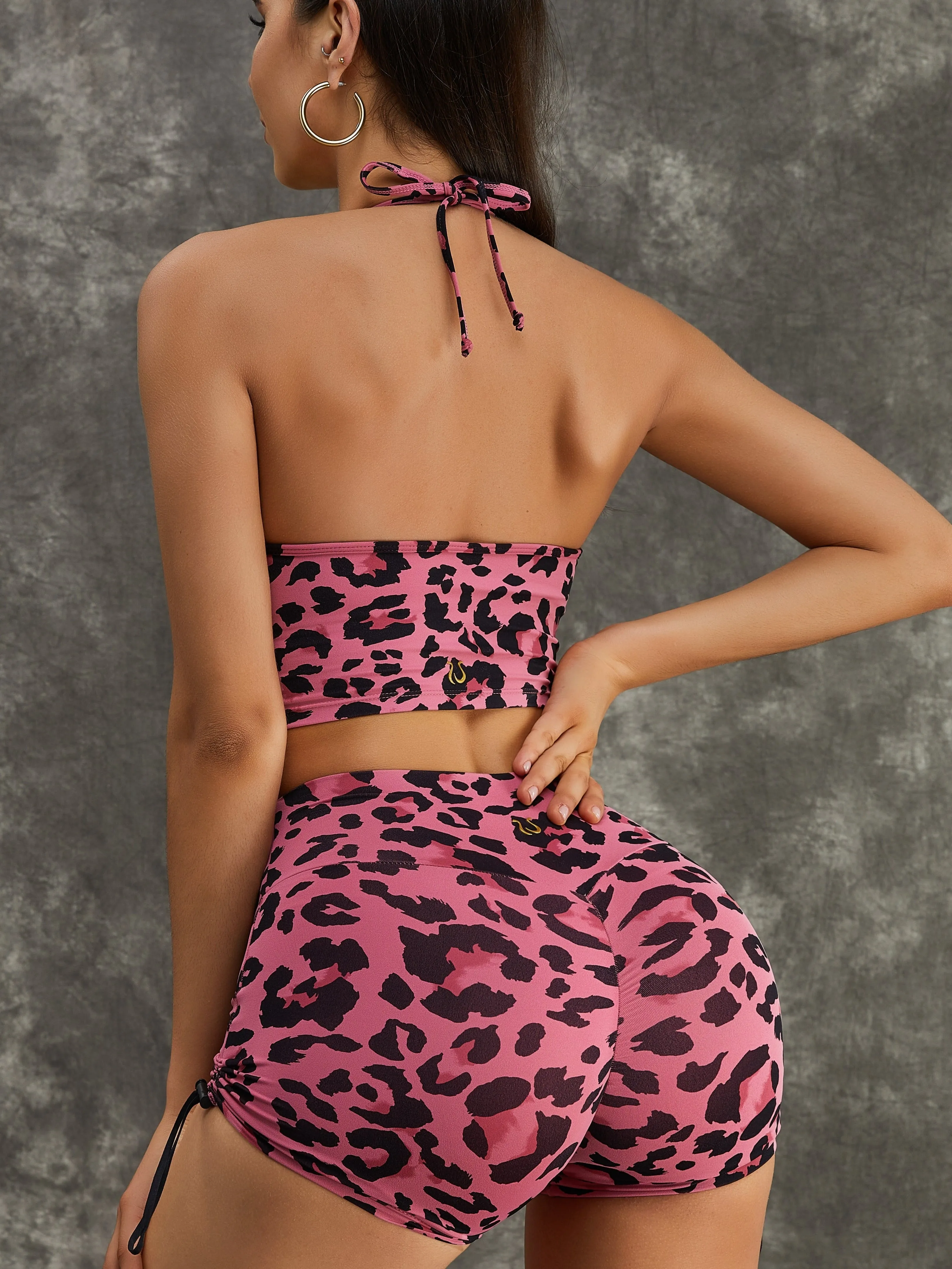 ZASUWA Female Leopard Print Hollow Out Halter Scrunch Bum Tracksuit