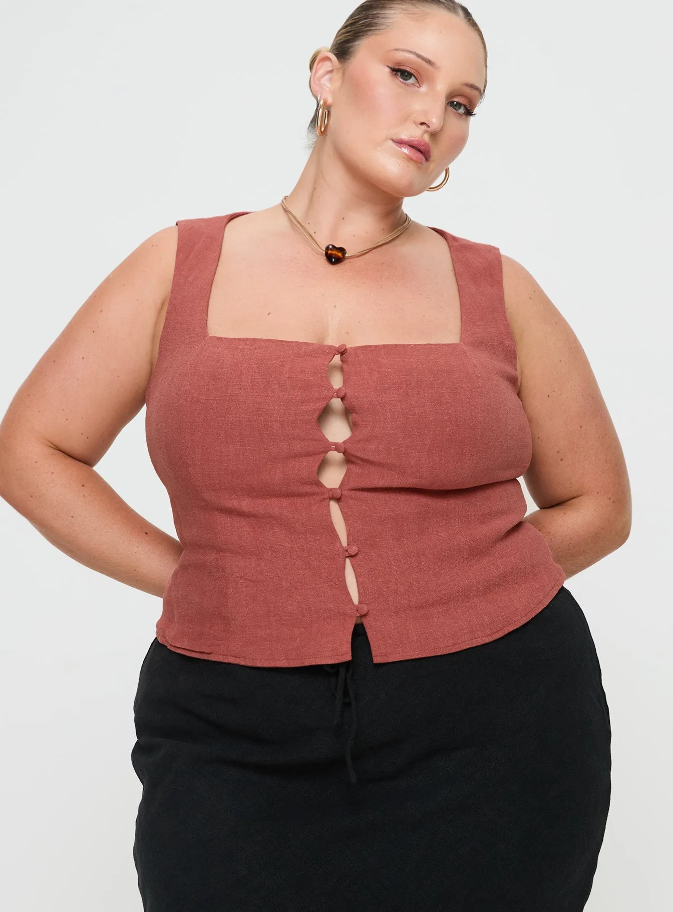 Zenda Linen Blend Top Burnt Rust Curve